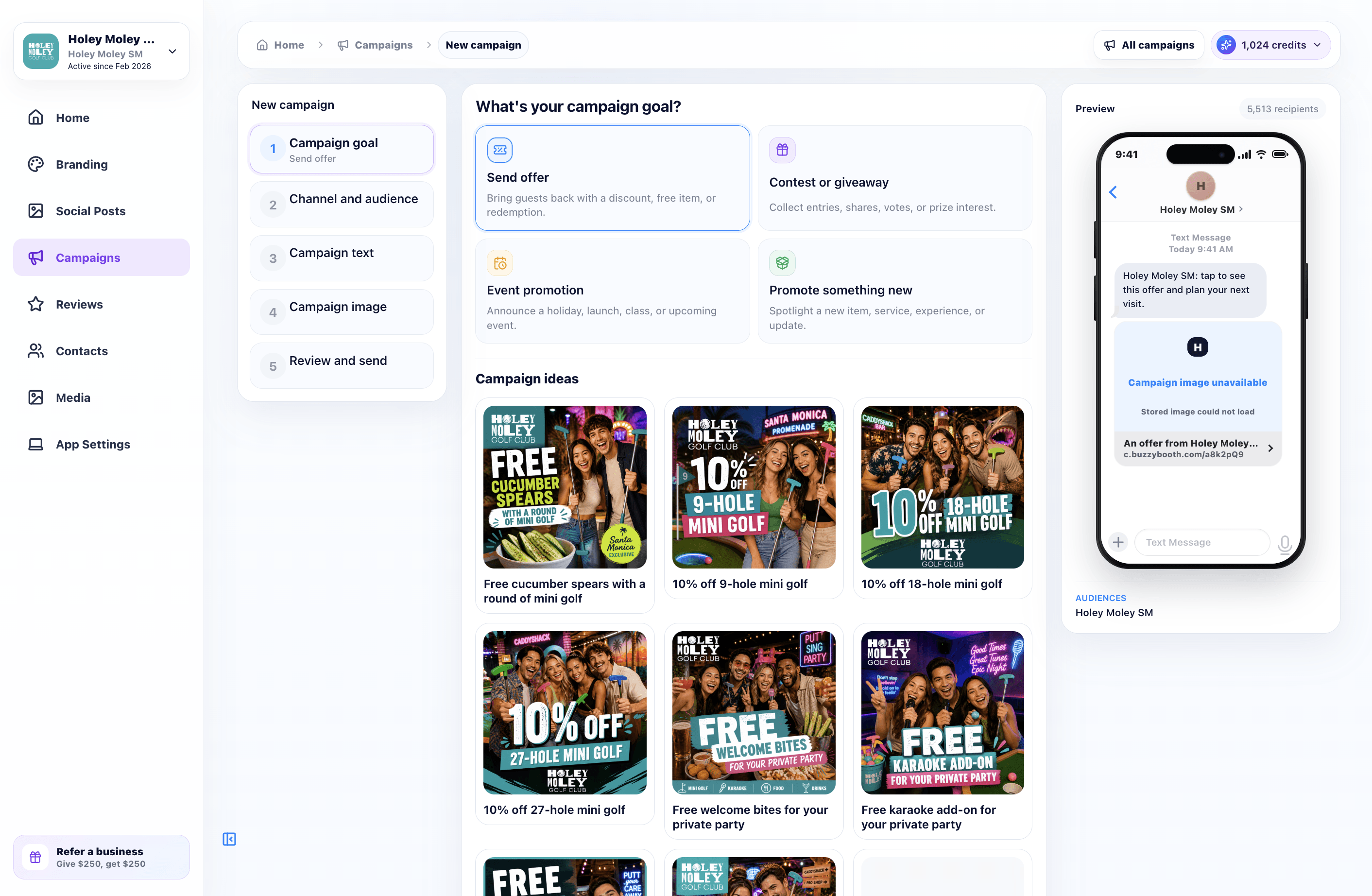 BuzzyBooth campaign workspace showing campaign goals, campaign ideas, and an SMS preview